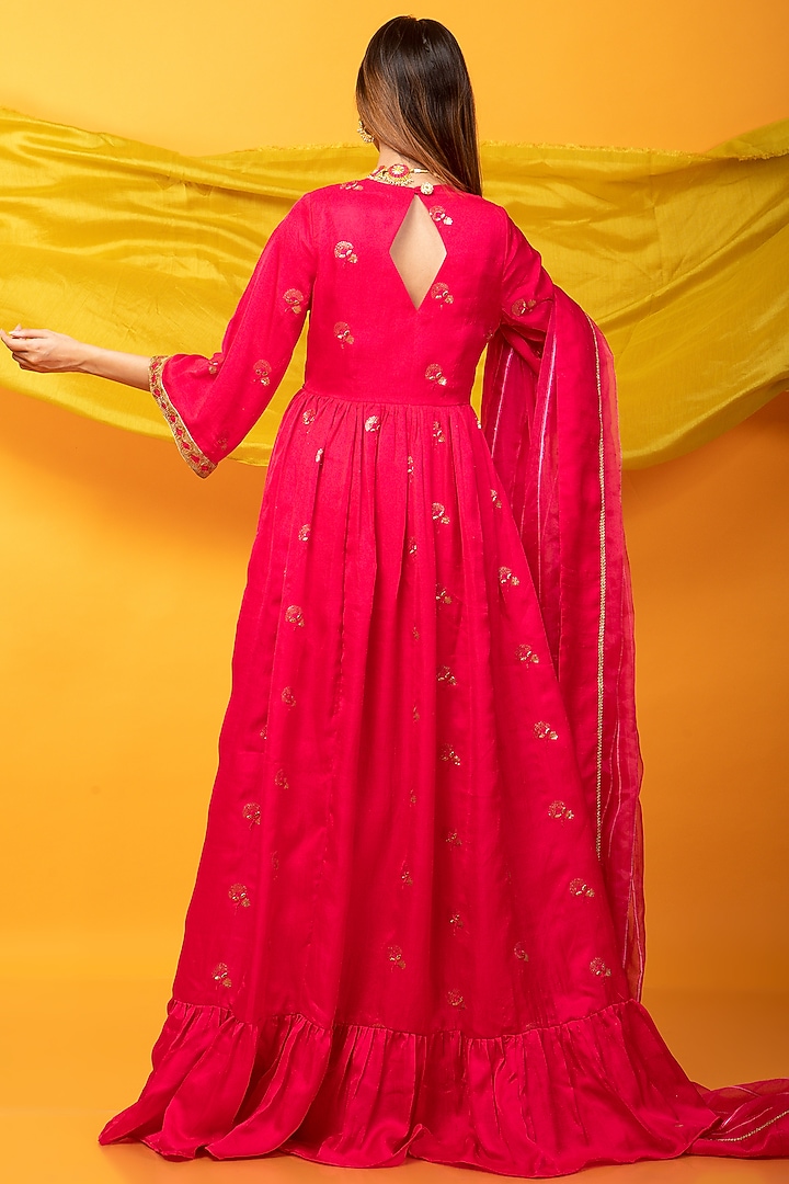 Pink Silk Blend Embroidered Anarkali Set by Monk & Mei at Pernia's Pop Up Shop