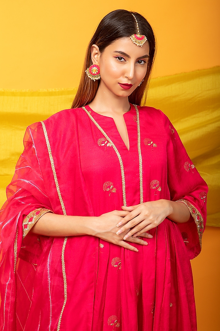 Pink Silk Blend Embroidered Anarkali Set by Monk & Mei at Pernia's Pop Up Shop