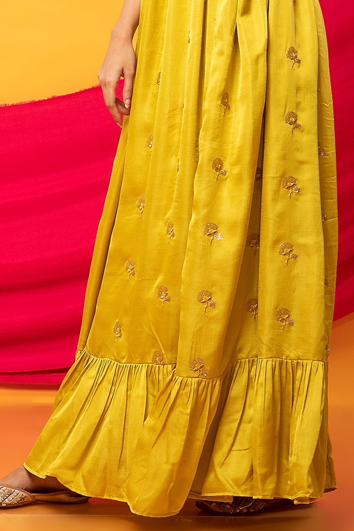 Canary Yellow Silk Blend Embroidered Anarkali by Monk & Mei at Pernia's Pop Up Shop