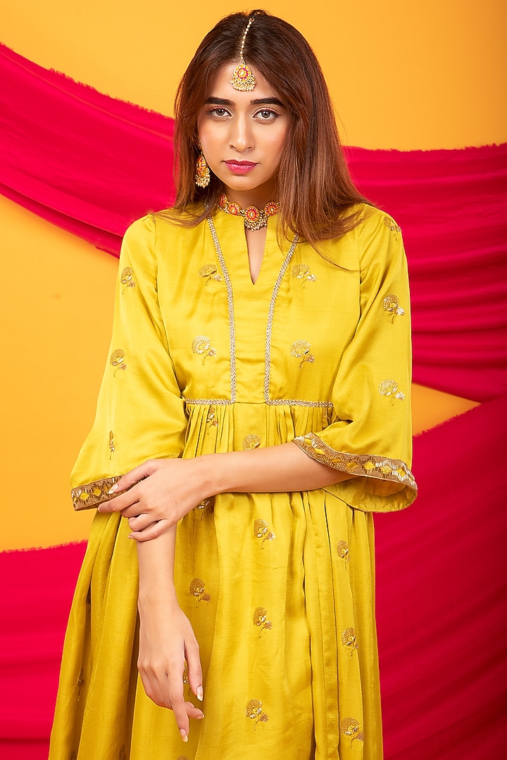 Canary Yellow Silk Blend Embroidered Anarkali by Monk & Mei at Pernia's Pop Up Shop