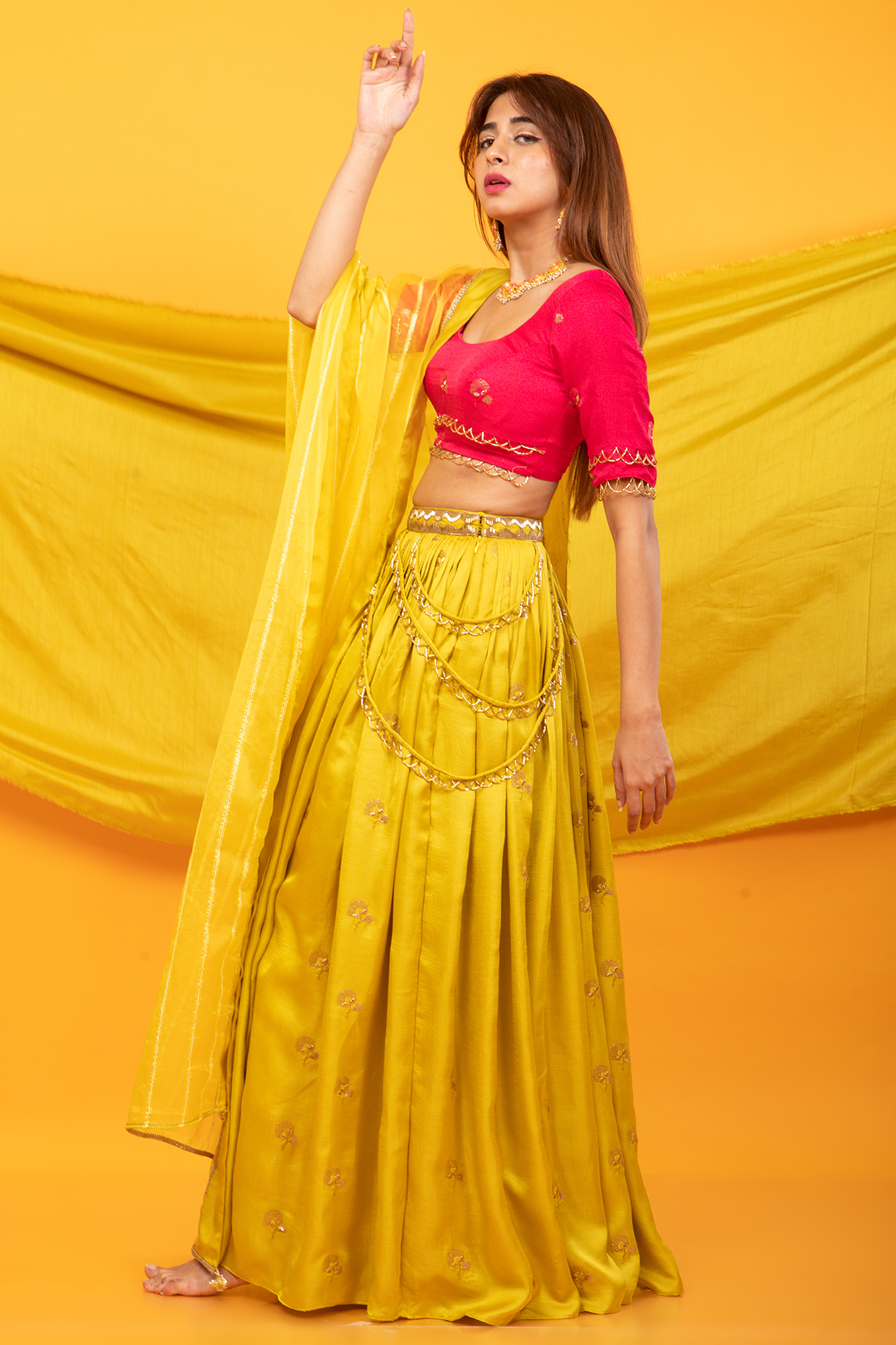 Canary Yellow Silk Blend Hand Embroidered Lehenga Set by Monk & Mei at Pernia's Pop Up Shop