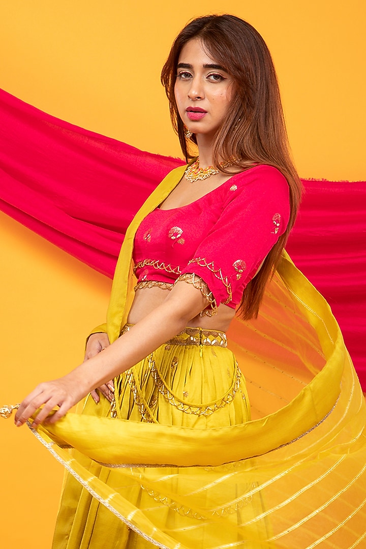 Canary Yellow Silk Blend Hand Embroidered Lehenga Set by Monk & Mei at Pernia's Pop Up Shop