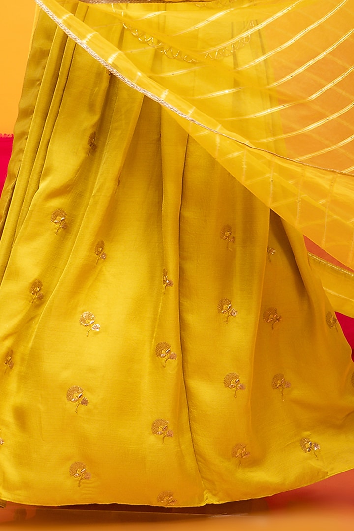 Canary Yellow Silk Blend Hand Embroidered Lehenga Set by Monk & Mei at Pernia's Pop Up Shop