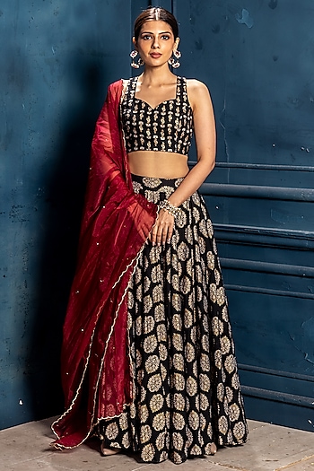 Black Cambric Cotton Block Printed Lehenga Set by Monk & Mei at Pernia's Pop Up Shop