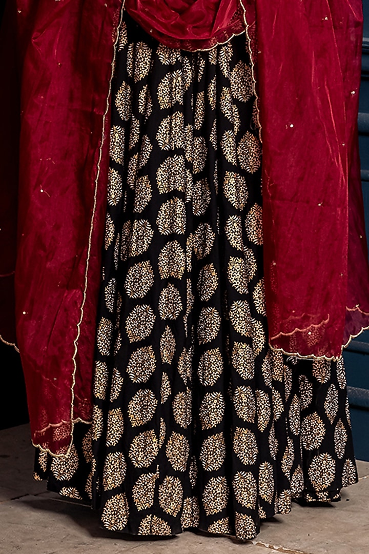 Black Cambric Cotton Block Printed Lehenga Set by Monk & Mei at Pernia's Pop Up Shop