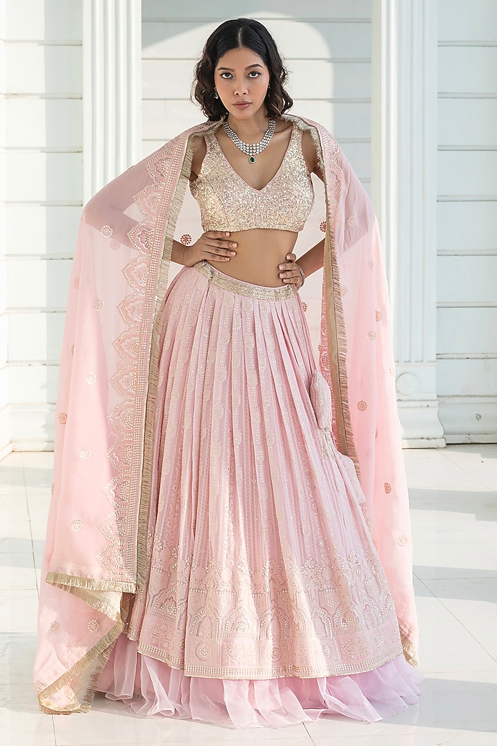 Pink Chikankari Embroidered Georgette Wedding Lehenga Set by Monk & Mei at Pernia's Pop Up Shop
