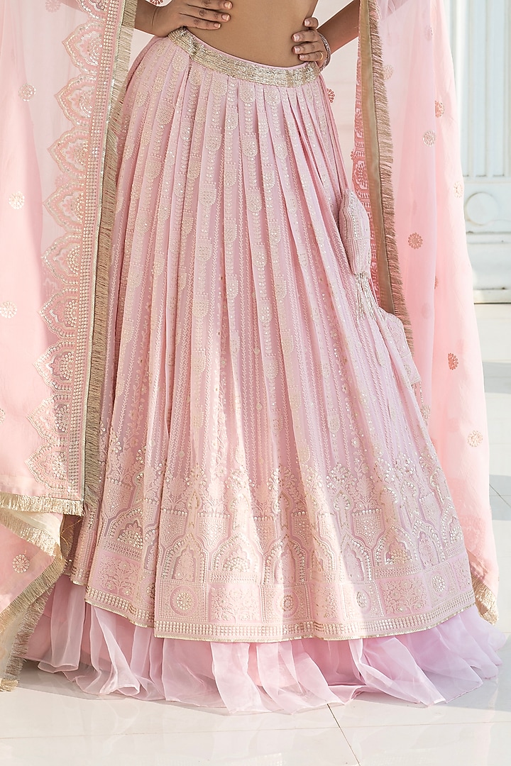 Pink Chikankari Embroidered Georgette Wedding Lehenga Set by Monk & Mei at Pernia's Pop Up Shop