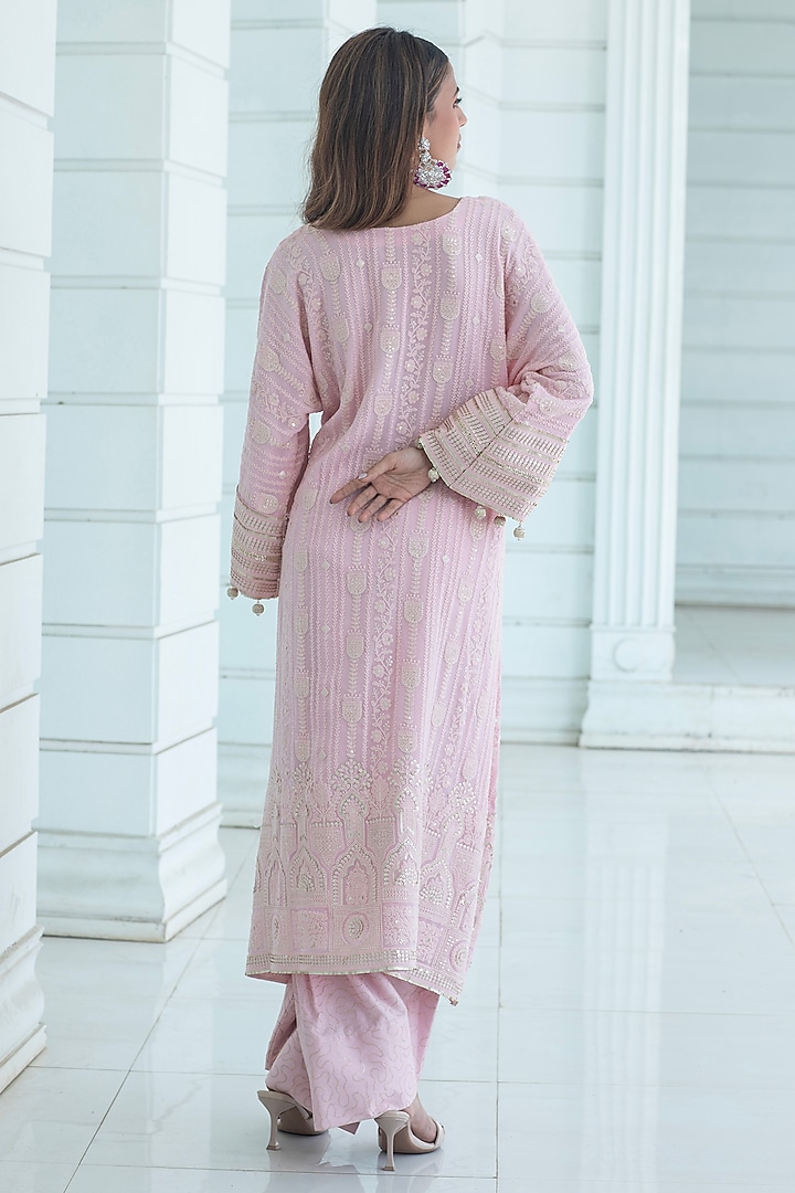 Pink Chikankari Embroidered Georgette Kurta Set by Monk & Mei at Pernia's Pop Up Shop