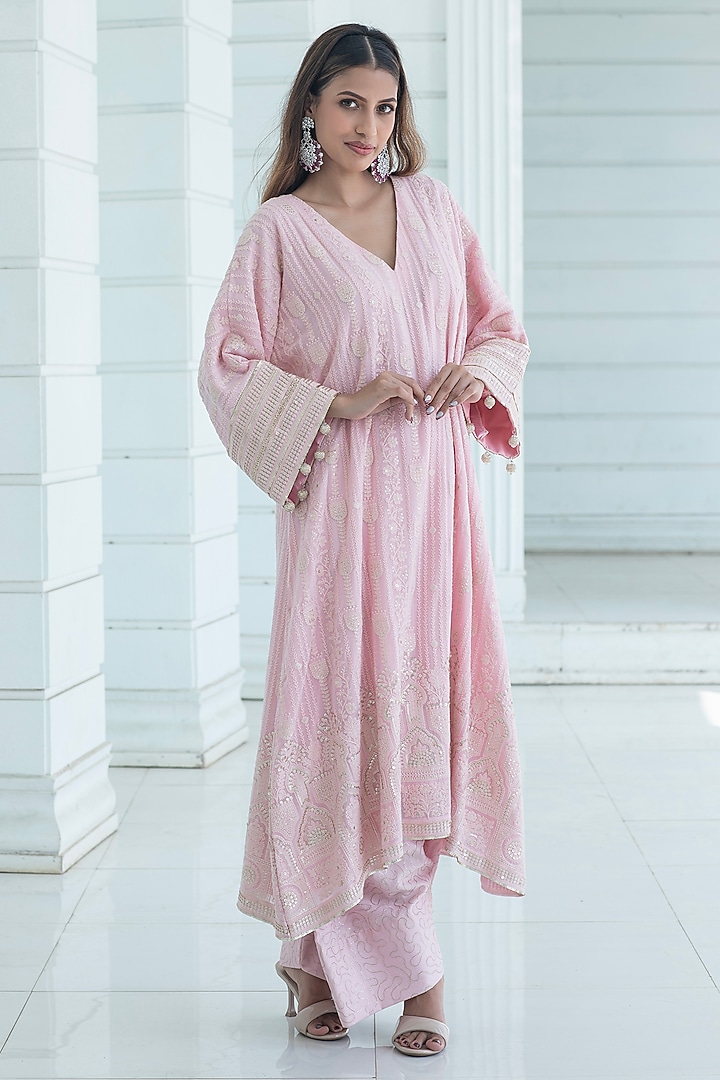Pink Chikankari Embroidered Georgette Kurta Set by Monk & Mei at Pernia's Pop Up Shop