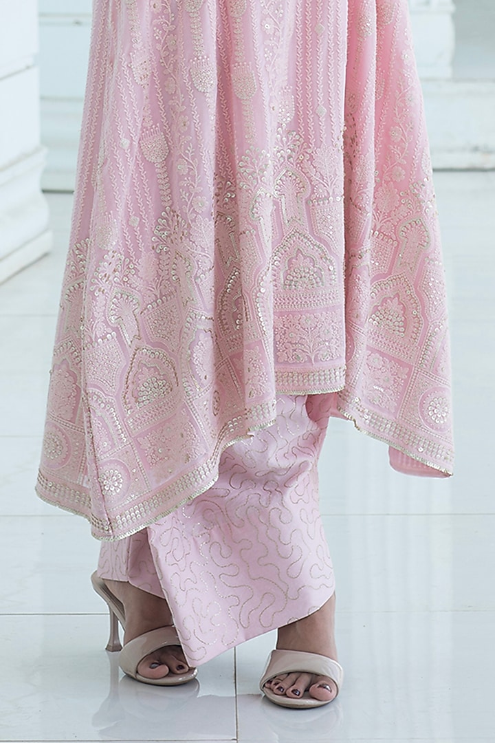 Pink Chikankari Embroidered Georgette Kurta Set by Monk & Mei at Pernia's Pop Up Shop