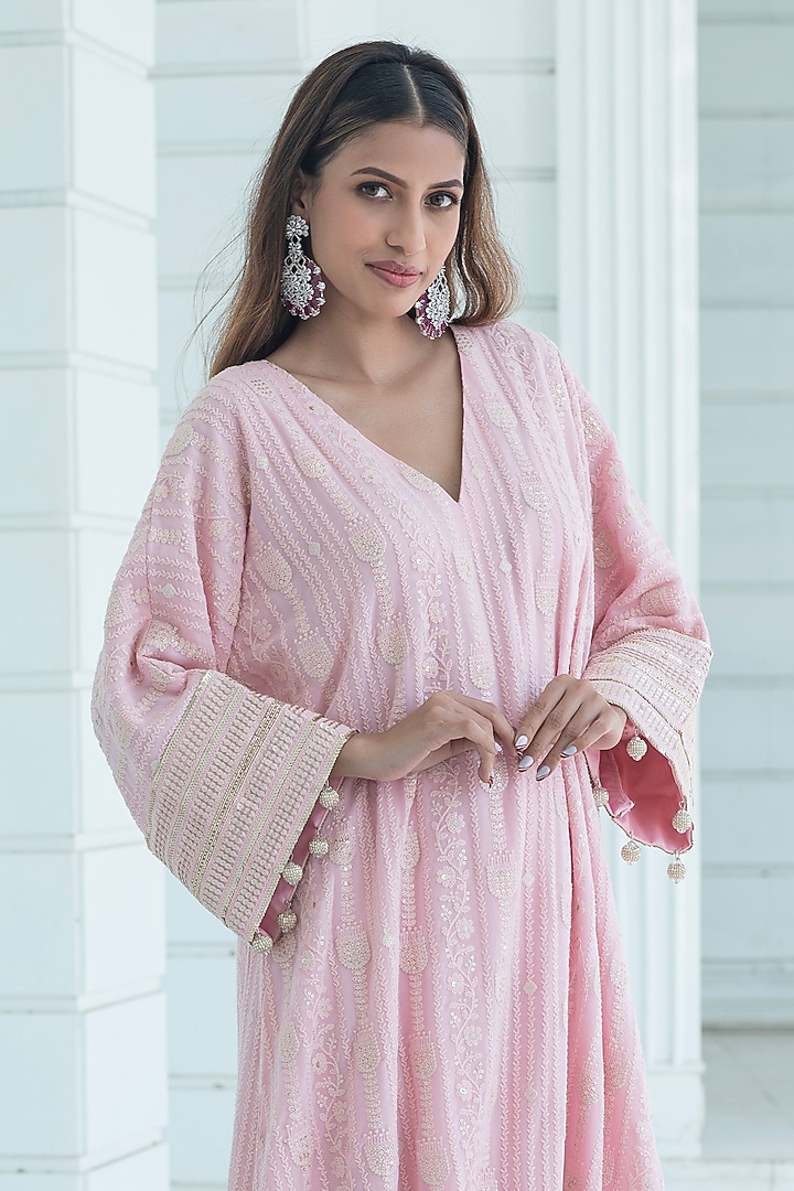 Pink Chikankari Embroidered Georgette Kurta Set by Monk & Mei at Pernia's Pop Up Shop