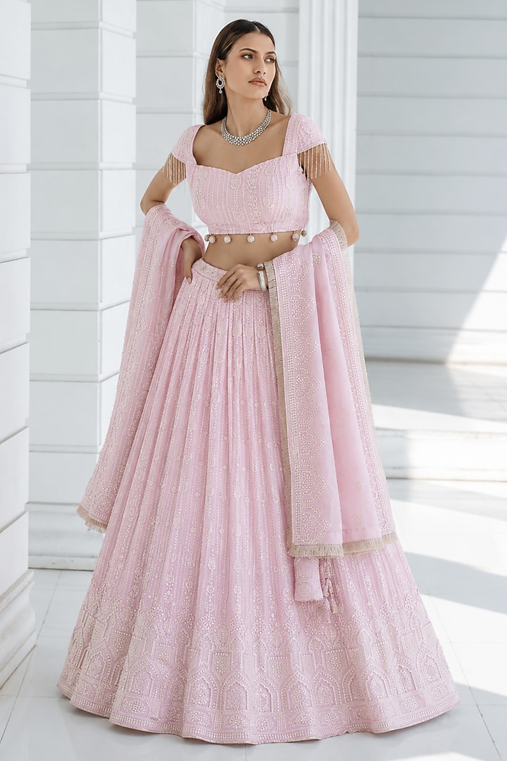 Pink Ombre Chikankari Embroidered Wedding Lehenga Set by Monk & Mei at Pernia's Pop Up Shop