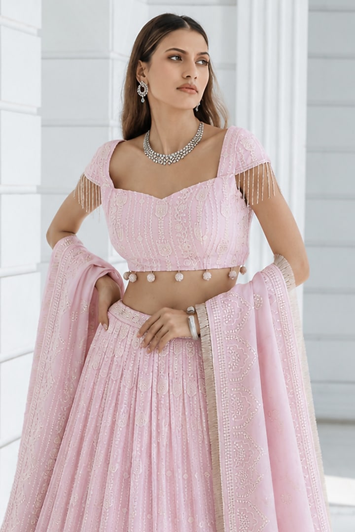 Pink Ombre Chikankari Embroidered Wedding Lehenga Set by Monk & Mei at Pernia's Pop Up Shop