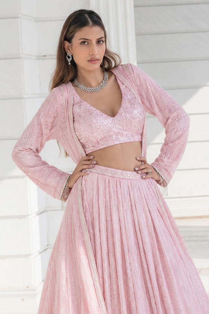 Pink Ombre Chikankari Embroidered Wedding Lehenga Set by Monk & Mei at Pernia's Pop Up Shop