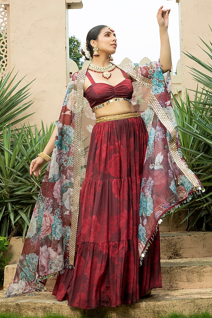 Maroon Georgette Embroidered & Floral Printed Jacket Lehenga Set by Monk & Mei at Pernia's Pop Up Shop