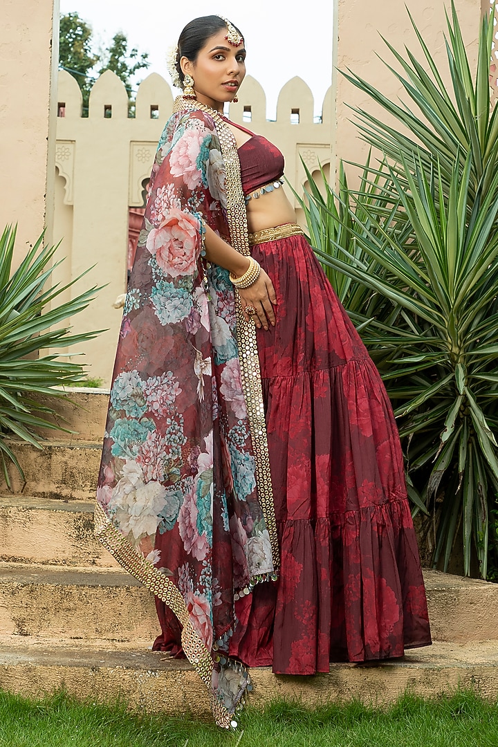Maroon Georgette Embroidered & Floral Printed Jacket Lehenga Set by Monk & Mei at Pernia's Pop Up Shop