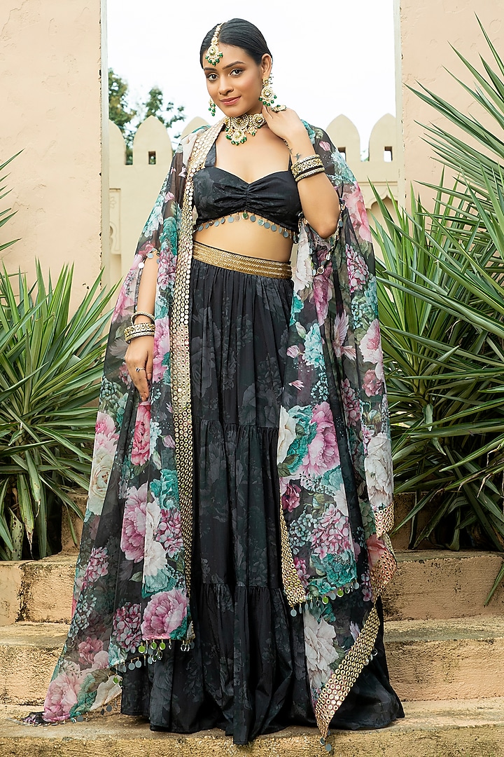 Black Georgette Embroidered & Floral Printed Jacket Lehenga Set by Monk & Mei at Pernia's Pop Up Shop