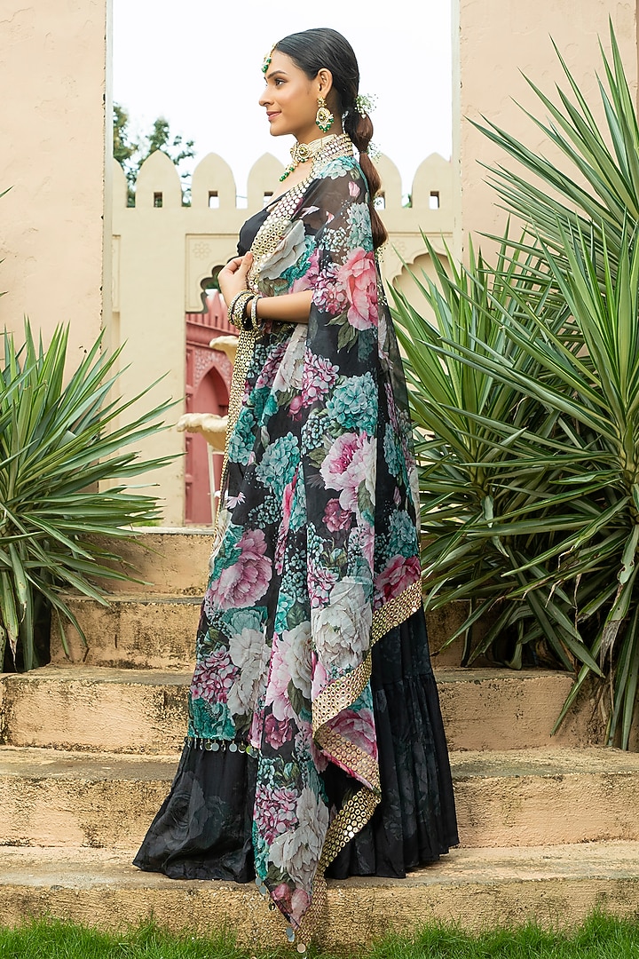 Black Georgette Embroidered & Floral Printed Jacket Lehenga Set by Monk & Mei at Pernia's Pop Up Shop