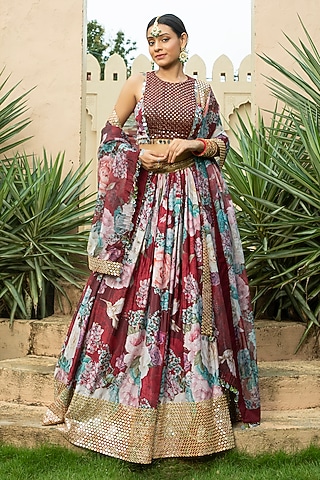 Maroon Georgette Mirror Embellished & Floral Printed Lehenga Set by Monk & Mei