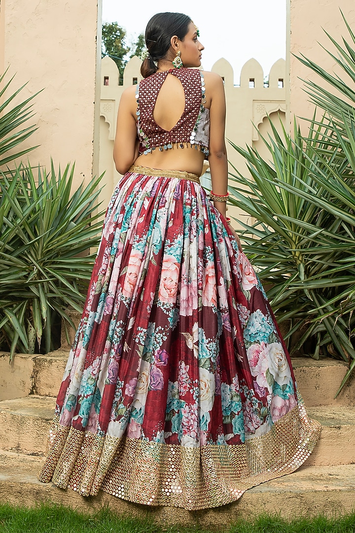 Maroon Georgette Mirror Embellished & Floral Printed Lehenga Set by Monk & Mei at Pernia's Pop Up Shop