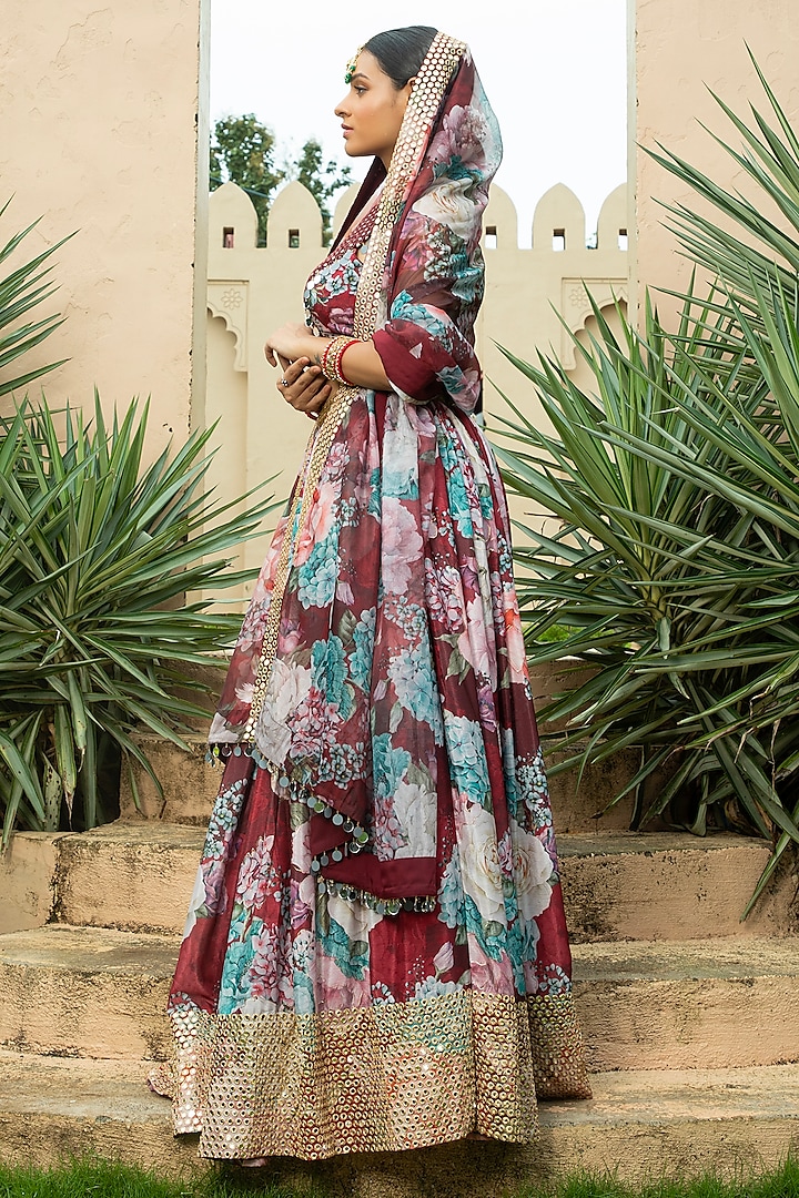 Maroon Georgette Mirror Embellished & Floral Printed Lehenga Set by Monk & Mei at Pernia's Pop Up Shop