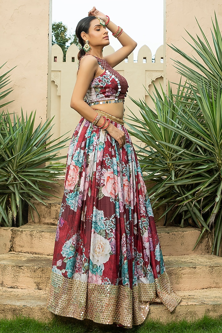 Maroon Georgette Mirror Embellished & Floral Printed Lehenga Set by Monk & Mei at Pernia's Pop Up Shop