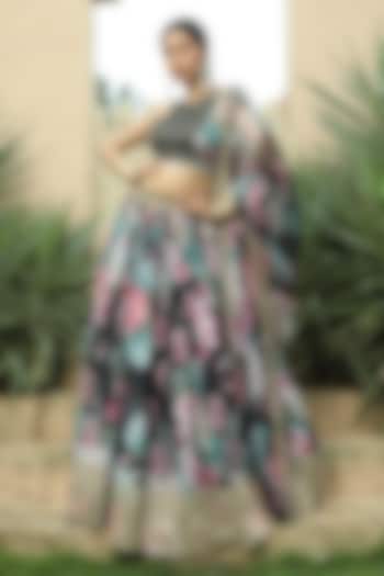 Black Georgette Mirror Embellished & Floral Printed Lehenga Set by Monk & Mei at Pernia's Pop Up Shop