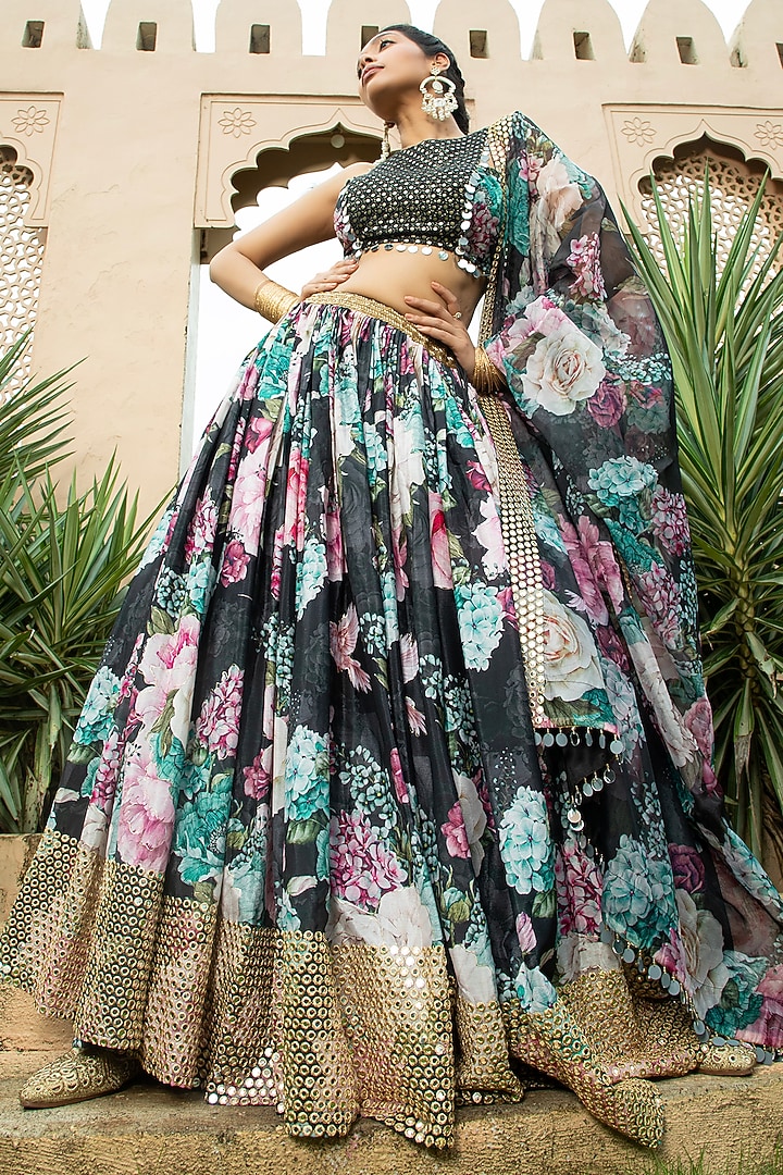 Black Georgette Mirror Embellished & Floral Printed Lehenga Set by Monk & Mei at Pernia's Pop Up Shop