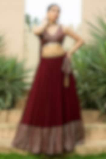 Maroon Georgette Embroidered Lehenga Set by Monk & Mei at Pernia's Pop Up Shop