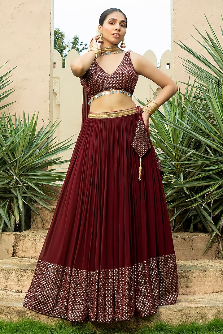 Maroon Georgette Embroidered Lehenga Set by Monk & Mei at Pernia's Pop Up Shop