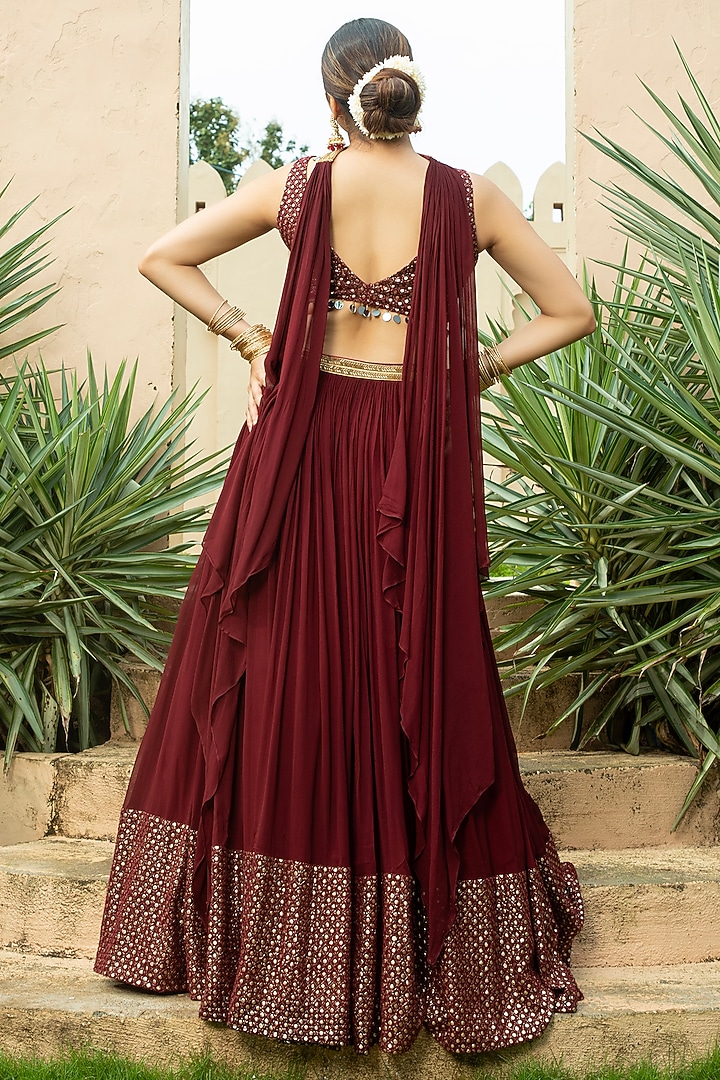 Maroon Georgette Embroidered Lehenga Set by Monk & Mei at Pernia's Pop Up Shop