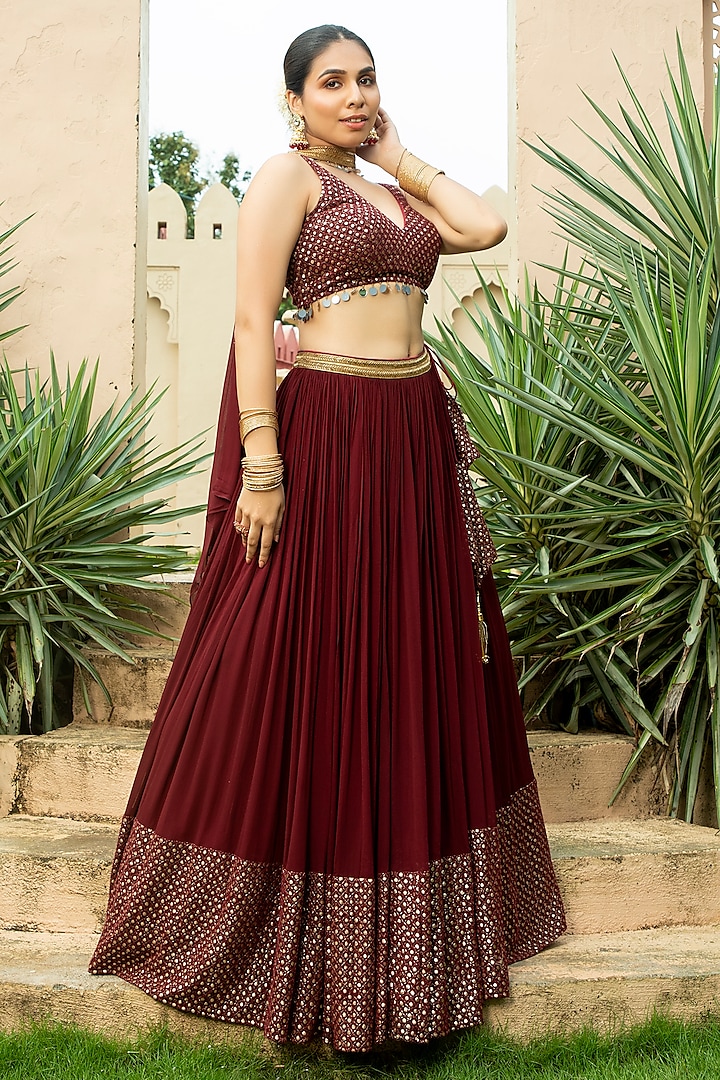 Maroon Georgette Embroidered Lehenga Set by Monk & Mei at Pernia's Pop Up Shop
