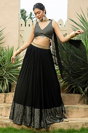 Black Georgette Embroidered Lehenga Set by Monk & Mei at Pernia's Pop Up Shop
