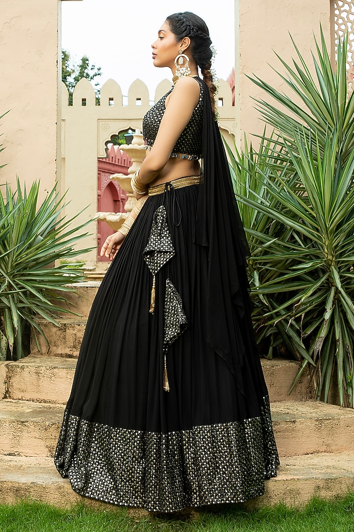 Black Georgette Embroidered Lehenga Set by Monk & Mei at Pernia's Pop Up Shop