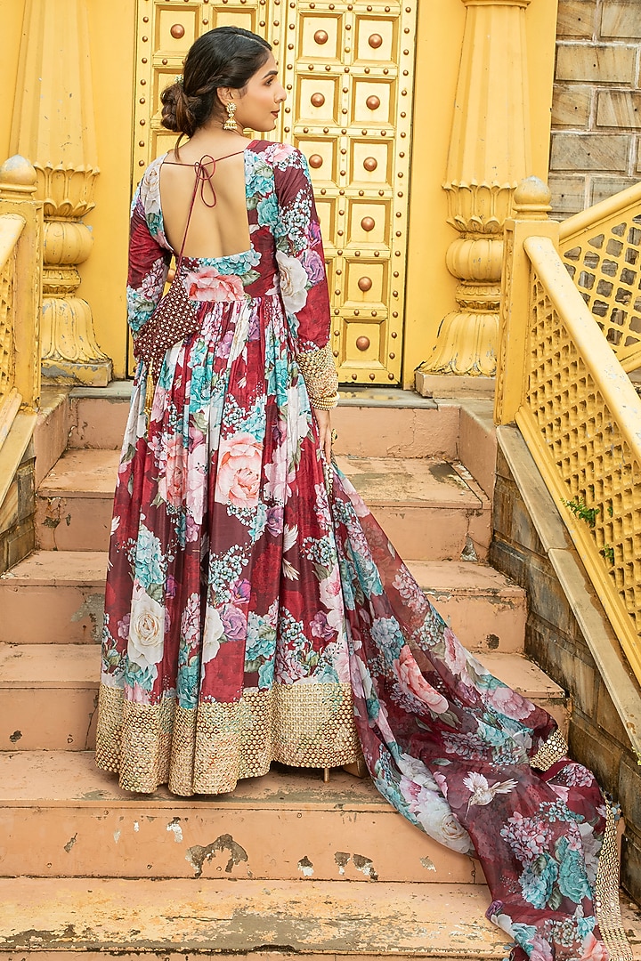 Maroon Georgette Floral Printed & Mirror Embroidered Anarkali Set by Monk & Mei at Pernia's Pop Up Shop