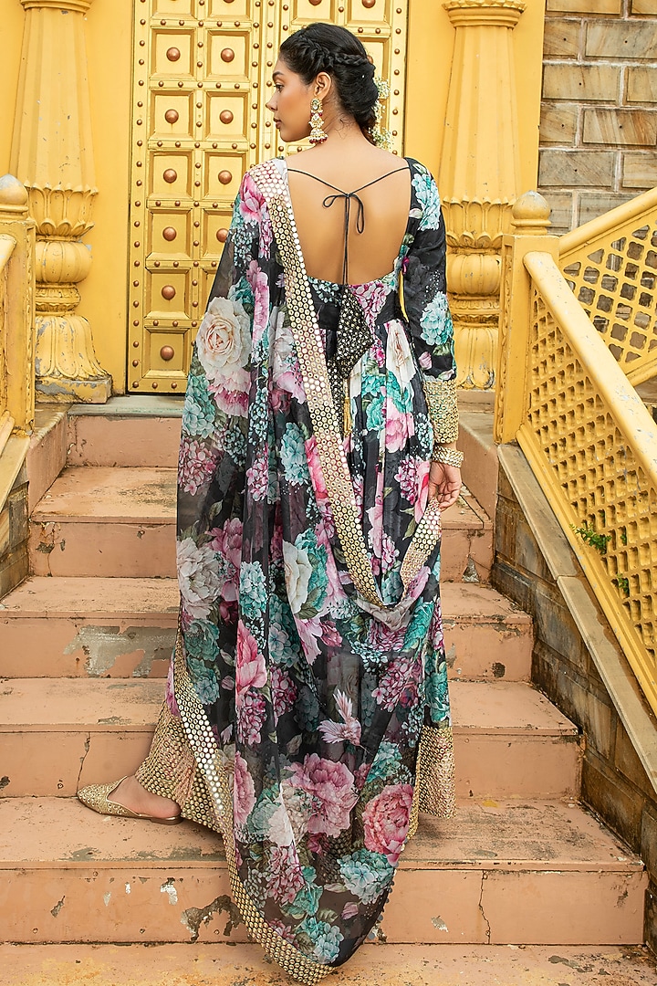Black Georgette Floral Printed & Mirror Embroidered Anarkali Set by Monk & Mei at Pernia's Pop Up Shop
