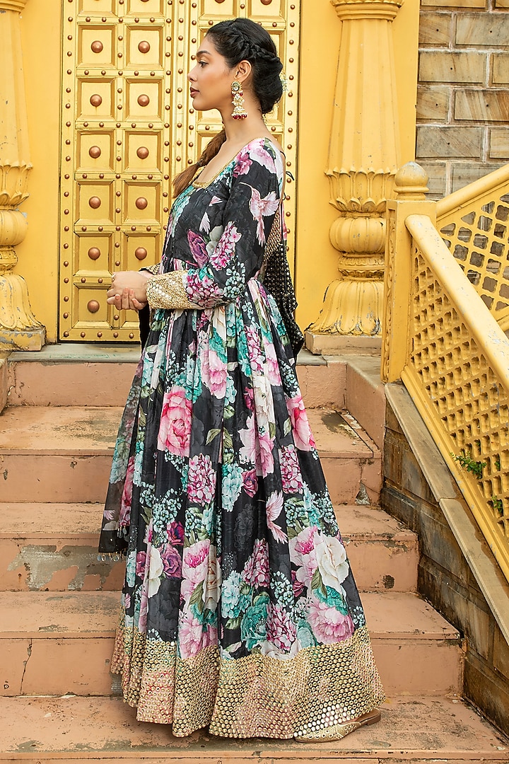 Black Georgette Floral Printed & Mirror Embroidered Anarkali Set by Monk & Mei at Pernia's Pop Up Shop