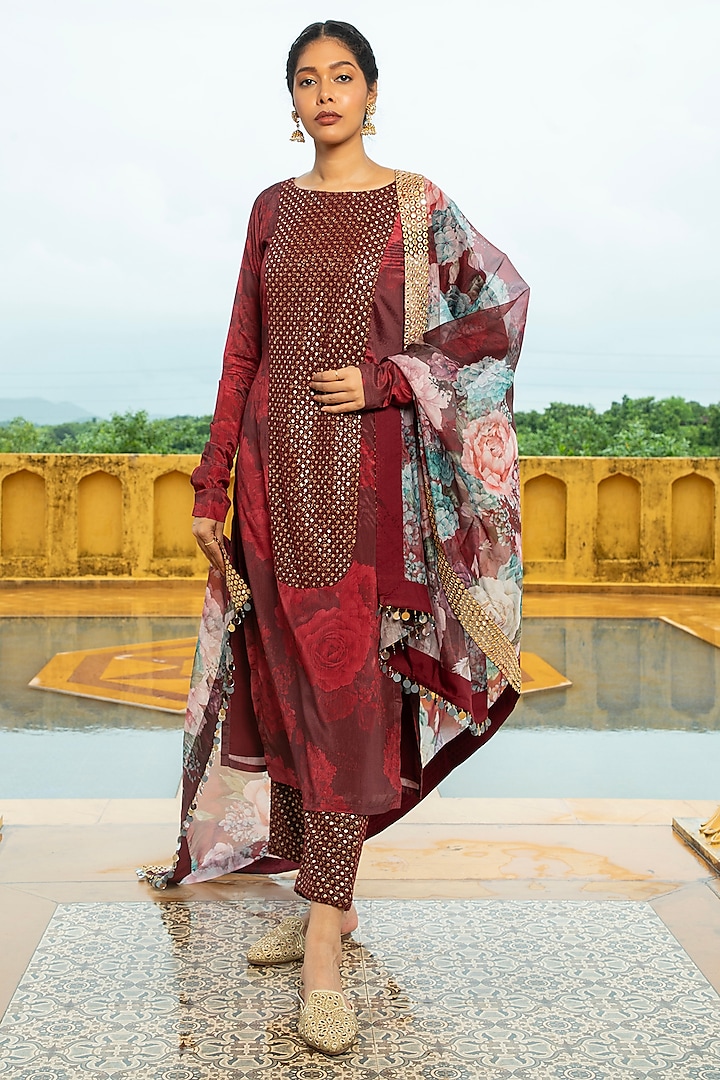 Maroon Georgette Floral Printed & Embroidered Kurta Set by Monk & Mei at Pernia's Pop Up Shop