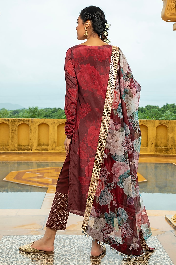Maroon Georgette Floral Printed & Embroidered Kurta Set by Monk & Mei at Pernia's Pop Up Shop
