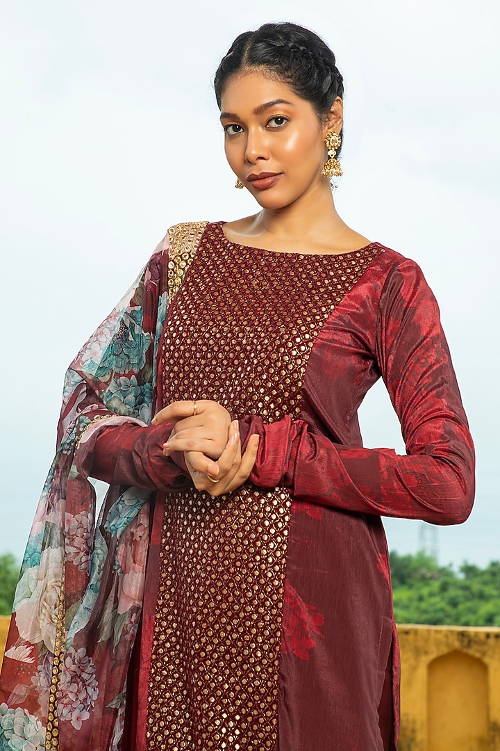 Maroon Georgette Floral Printed & Embroidered Kurta Set by Monk & Mei at Pernia's Pop Up Shop