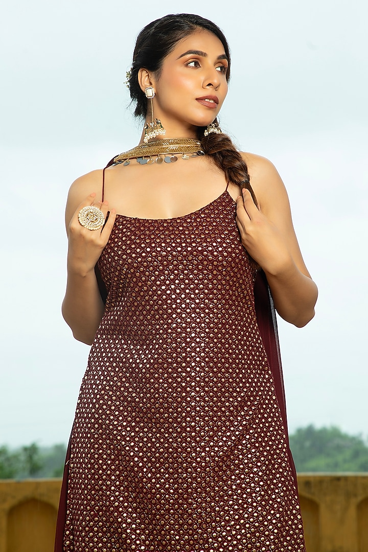 Maroon Georgette Embroidered Strappy Kurta Set by Monk & Mei at Pernia's Pop Up Shop