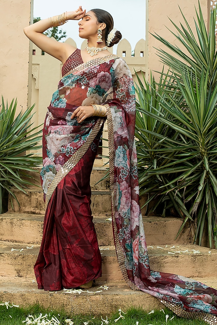 Maroon Georgette Floral Printed & Embroidered Saree Set by Monk & Mei at Pernia's Pop Up Shop