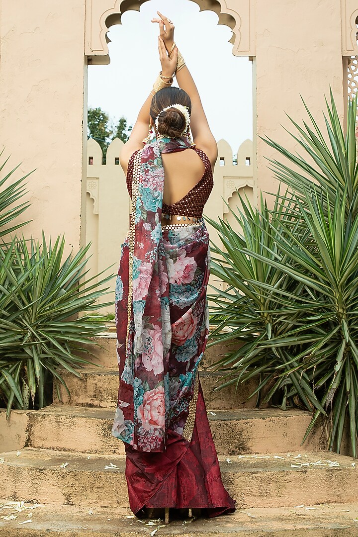 Maroon Georgette Floral Printed & Embroidered Party Wear Saree Set by Monk & Mei at Pernia's Pop Up Shop