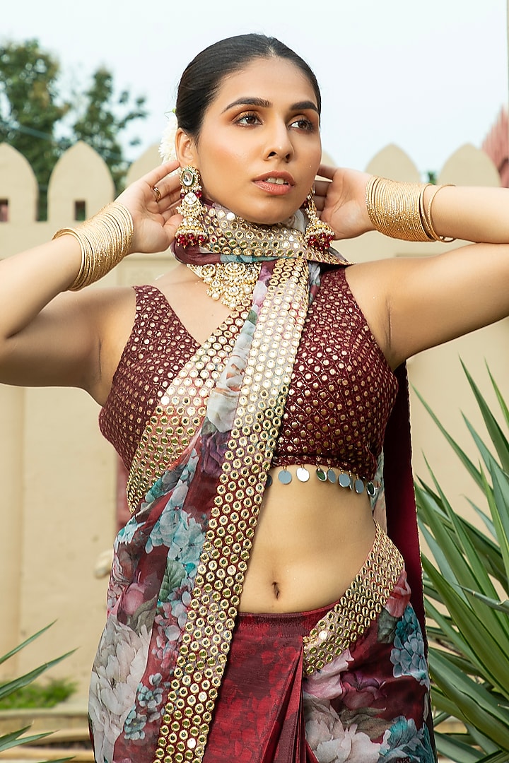 Maroon Georgette Floral Printed & Embroidered Party Wear Saree Set by Monk & Mei at Pernia's Pop Up Shop