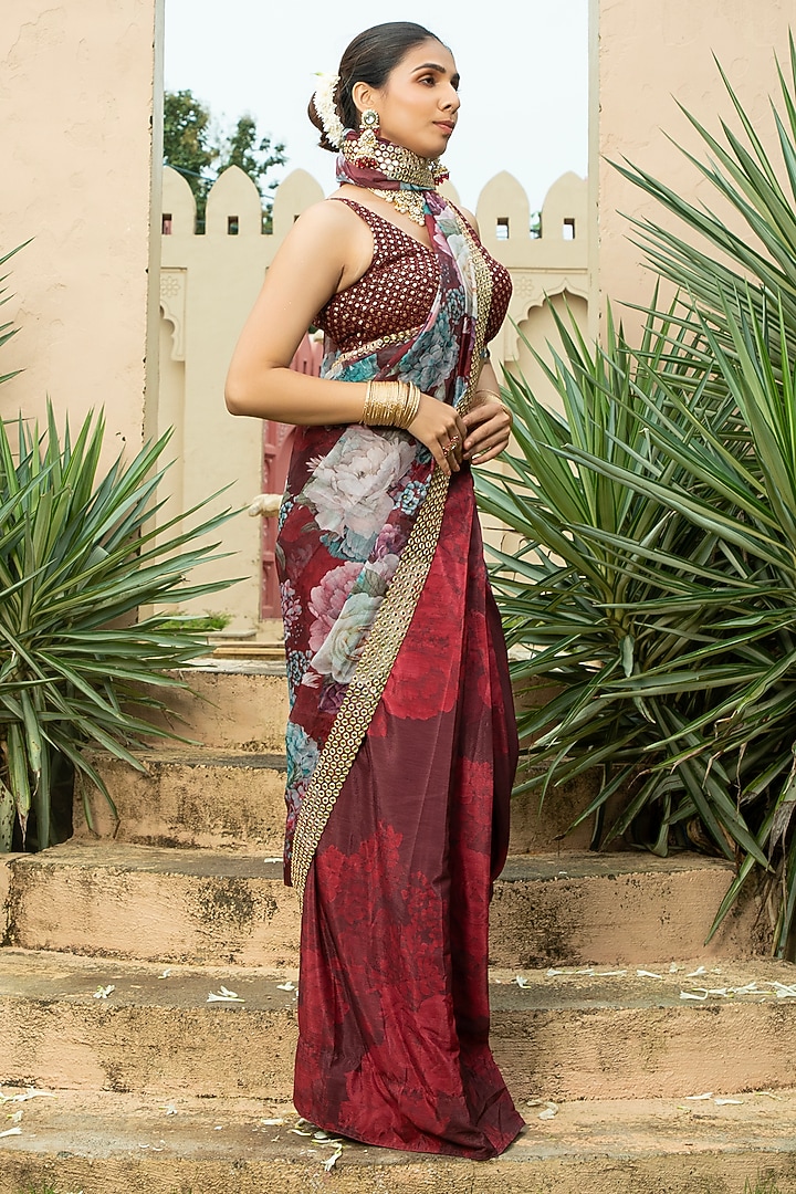 Maroon Georgette Floral Printed & Embroidered Party Wear Saree Set by Monk & Mei at Pernia's Pop Up Shop