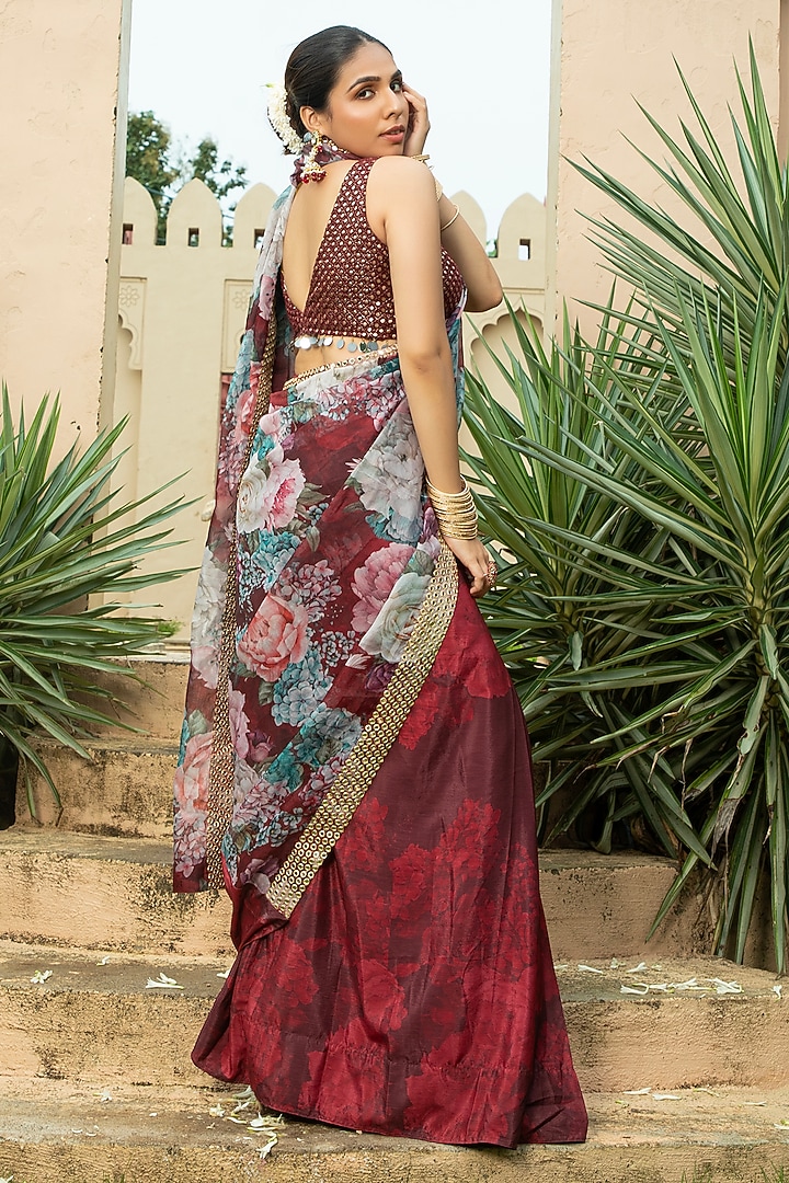 Maroon Georgette Floral Printed & Embroidered Party Wear Saree Set by Monk & Mei at Pernia's Pop Up Shop