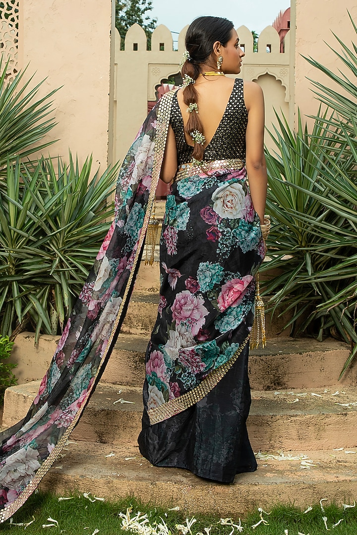 Black Georgette Floral Printed & Embroidered Party Wear Saree Set by Monk & Mei at Pernia's Pop Up Shop