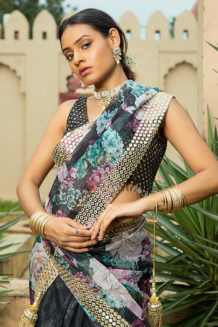 Black Georgette Floral Printed & Embroidered Party Wear Saree Set by Monk & Mei at Pernia's Pop Up Shop