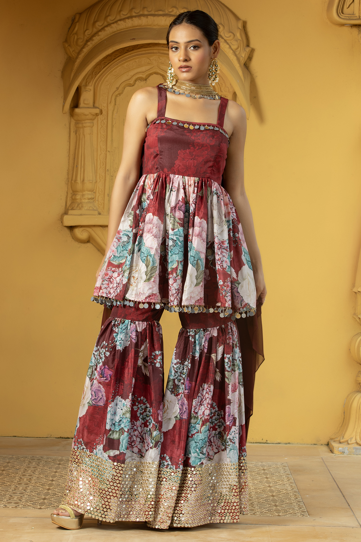 Maroon Georgette Floral Printed & Foil Work Sharara Set by Monk & Mei at Pernia's Pop Up Shop