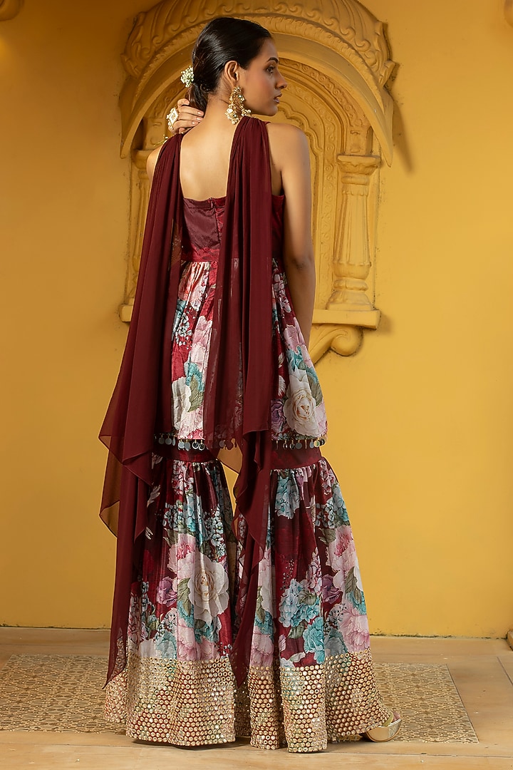 Maroon Georgette Floral Printed & Foil Work Party Wear Sharara Set by Monk & Mei at Pernia's Pop Up Shop